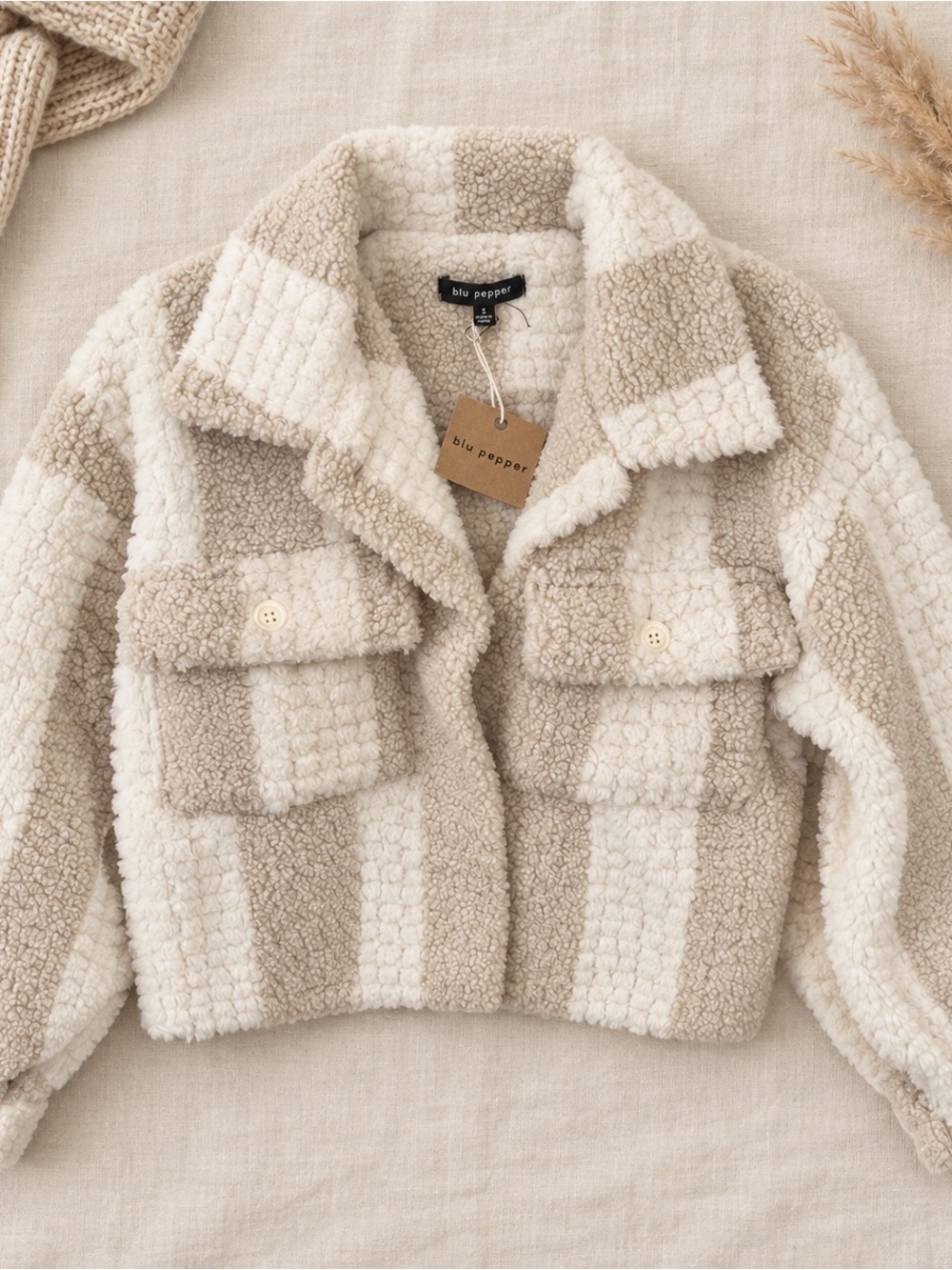 NWT Blu Pepper Cream Beige Plaid Sherpa Teddy Jacket S